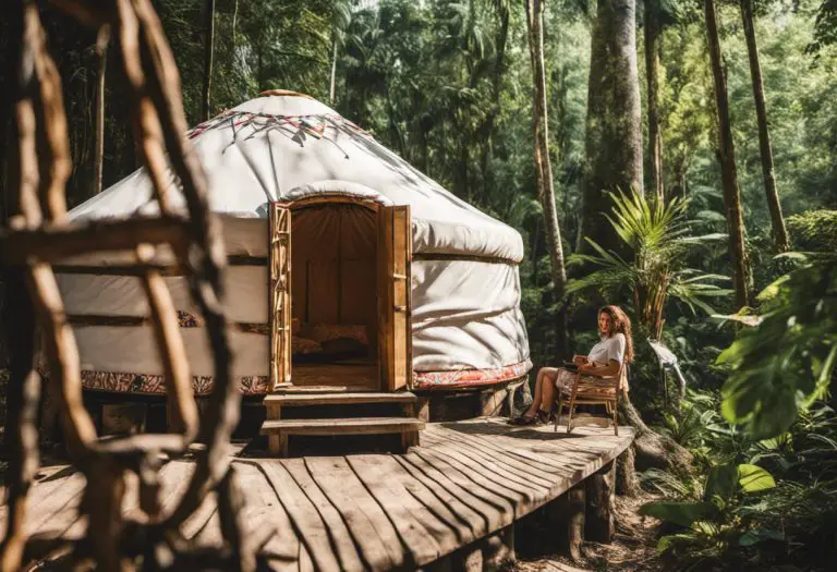 A Beautiful yurt in the jungle pleasing weather and a woman sitting outside