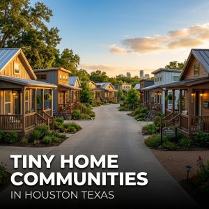 Tiny home communities in Houston Texas showing rows of small modern houses with porches and landscaped pathways