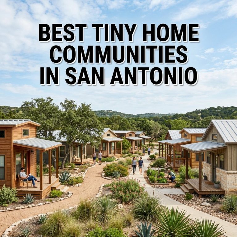 Best tiny home communities in San Antonio showing rows of modern small houses with porches and landscaping