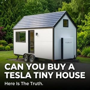 A modern Tesla tiny house with solar roof panels and Powerwall battery unit revealing the truth about purchasing one