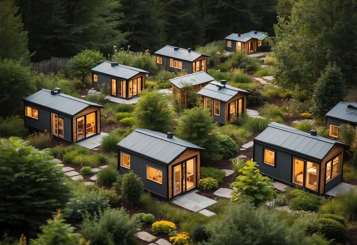 A group of tiny houses nestled in a wooded area, with a central communal space and garden. Paths wind through the community, connecting the individual homes