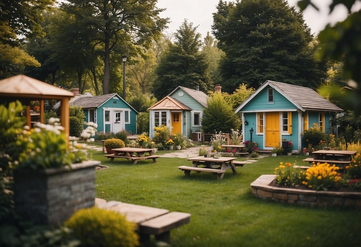 A cluster of small, colorful houses nestled in a lush, communal garden. A central gathering space with picnic tables and a fire pit