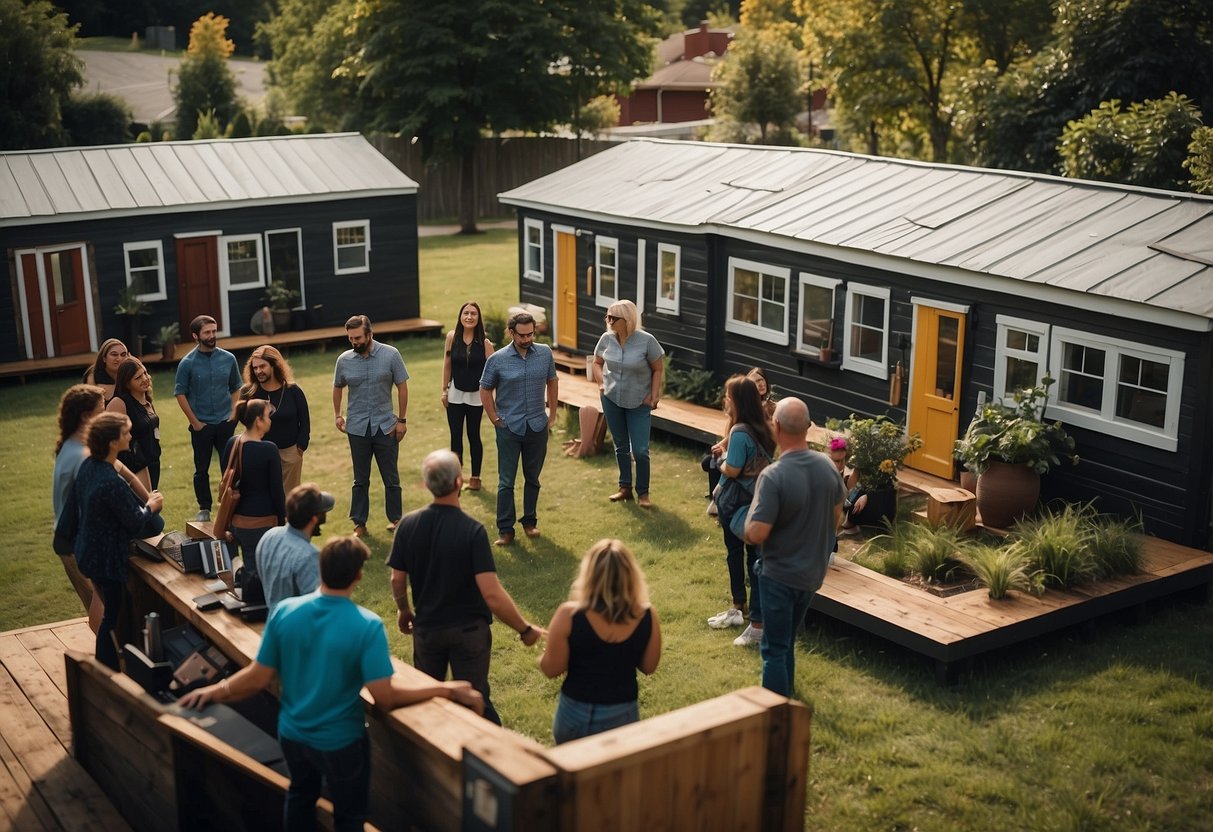 A group of tiny houses are connected by a web of pathways, with residents gathered outside chatting and sharing ideas. A central meeting area features a chalkboard with community events and workshops listed