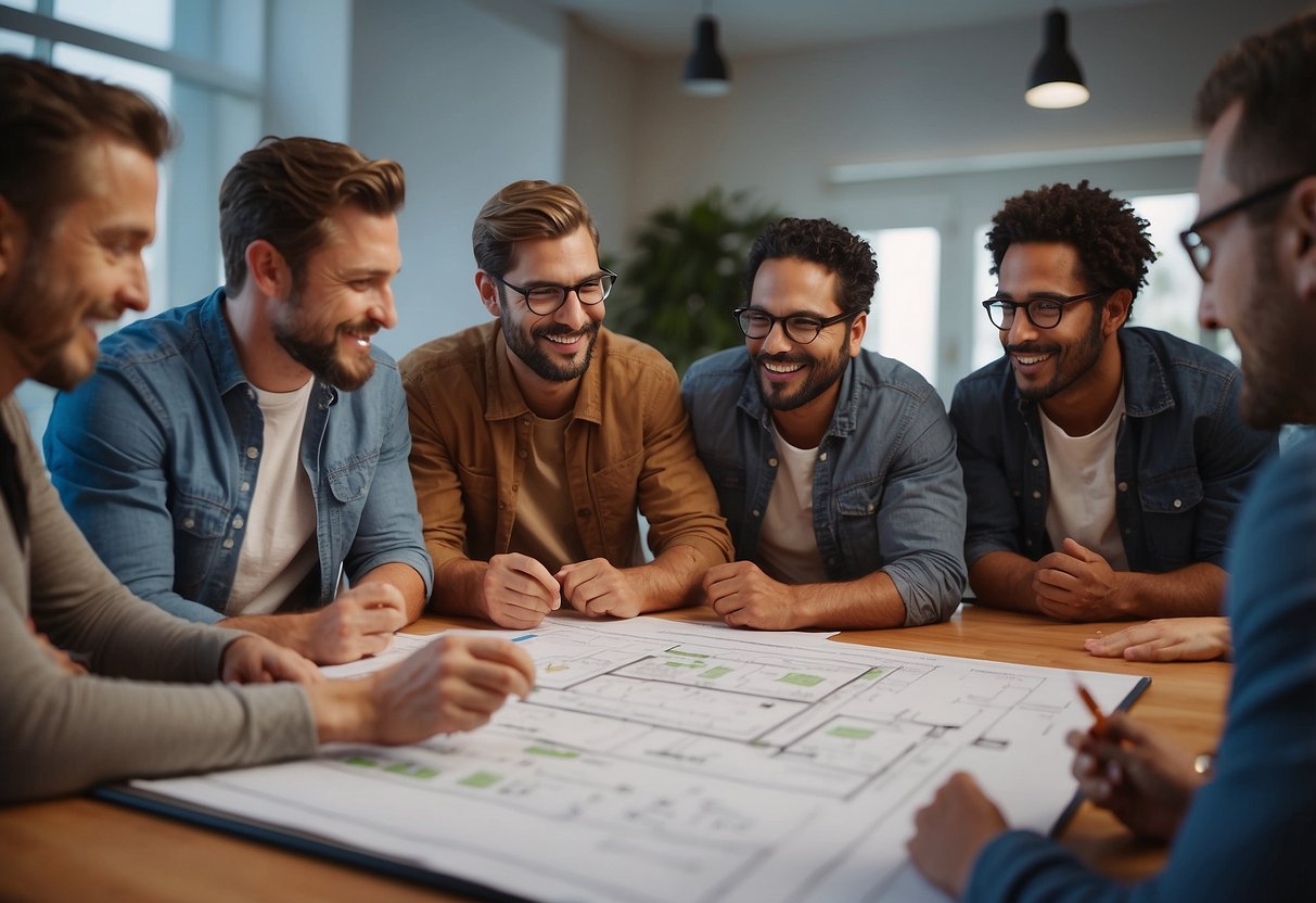 A group of people gather around a blueprint, discussing plans for a tiny house community. A whiteboard displays ideas and goals for the project