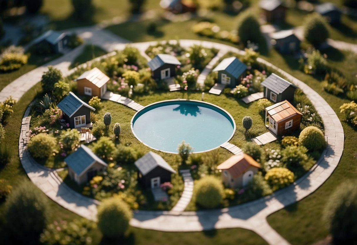 A group of tiny houses arranged in a circular community layout, with shared green spaces and communal areas. A central meeting space and shared amenities are visible, creating a sense of community and cooperation