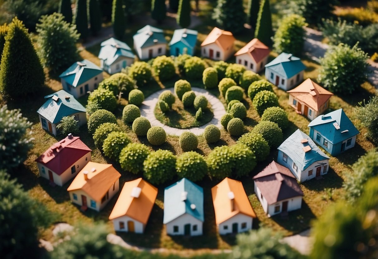 A group of small, colorful houses arranged in a circular pattern with a central communal area, surrounded by trees and gardens