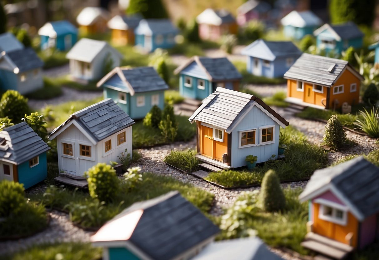 A group of tiny houses arranged in a communal layout, with pathways connecting them. Common areas such as gardens, seating areas, and a central meeting space are visible, creating a sense of community and shared living