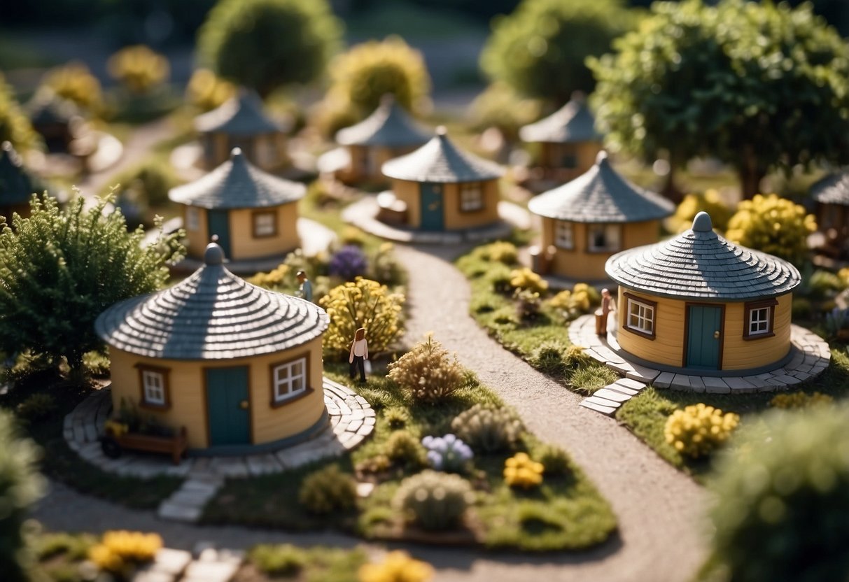 A group of tiny houses arranged in a circular community, with a central gathering space and pathways connecting the homes. Trees and gardens surround the area, and people are seen socializing and working on various projects