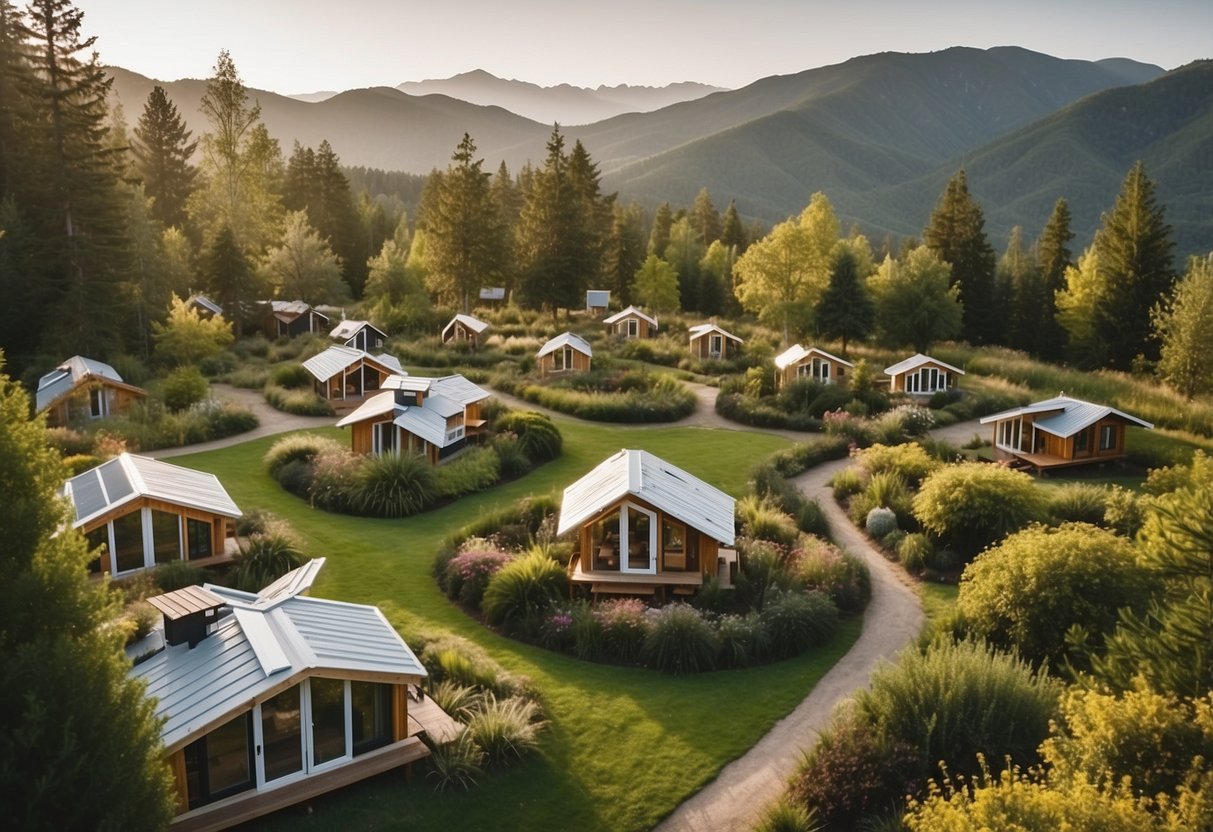 A group of tiny houses nestled in a lush, green landscape with winding pathways and communal gathering areas. Each house is unique in design, showcasing individuality within the close-knit community