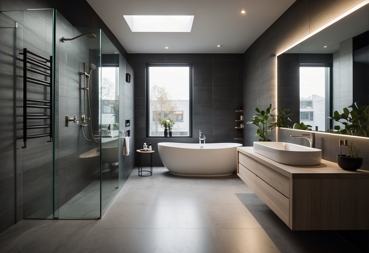 A compact bathroom with a space-saving shower, modern sink, and minimalist storage. Bright lighting and a clean, airy atmosphere