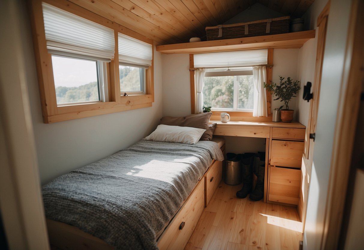 1 Bedroom Tiny House Floor Plans: Efficient Designs for Modern Living 7 A cozy bedroom in a tiny home with a compact bathroom attached. The bedroom features a comfortable bed, storage space, and a small window for natural light
