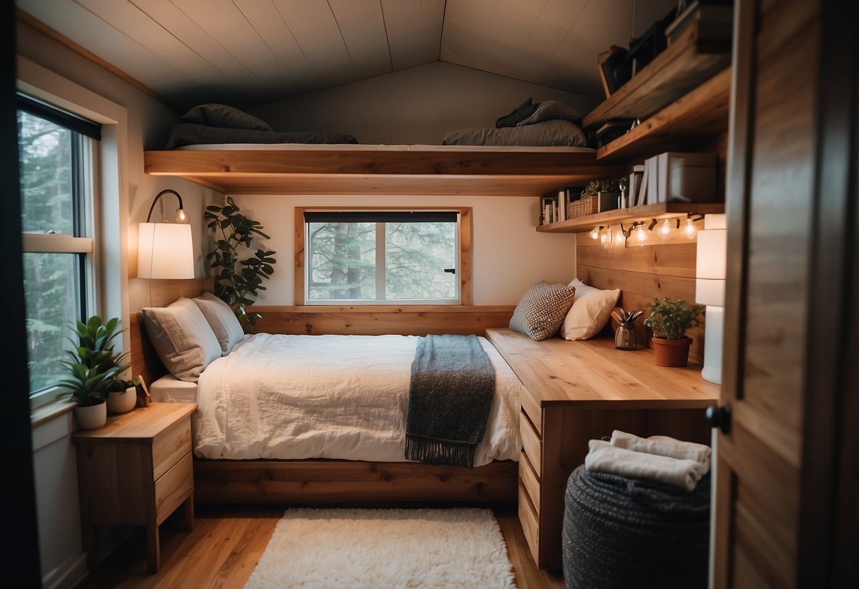 1 Bedroom Tiny House Floor Plans: Efficient Designs for Modern Living 9 A cozy bedroom with attached bathroom in a tiny home, featuring compact yet functional design