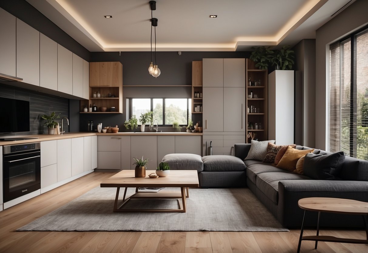 A cozy living room with a small kitchen, two bedrooms with space-saving furniture, and a bathroom with a compact layout