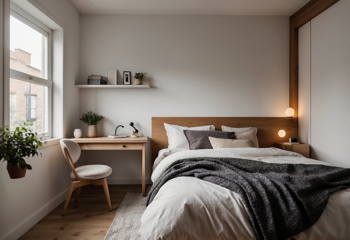 A cozy bedroom with a small bathroom attached. Minimalist decor, space-saving furniture, and natural light pouring in through a tiny window