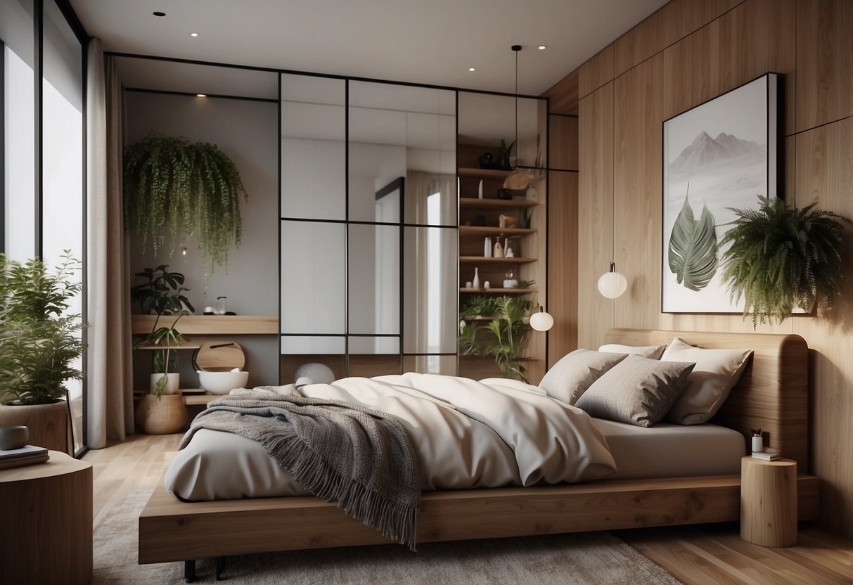 A cozy bedroom with minimalist decor, natural wood accents, and a small bathroom with modern fixtures and a touch of greenery