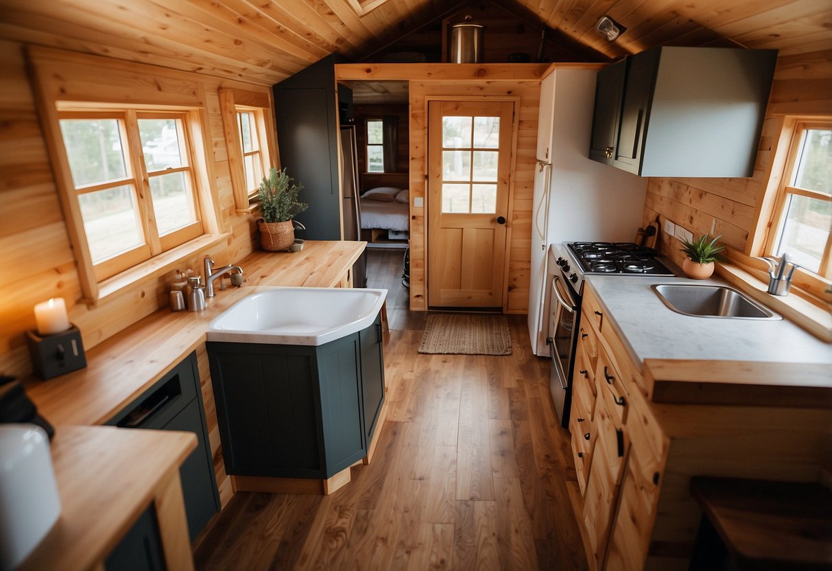 A cozy tiny house with small bathrooms and two bedrooms. Floor plan inspiration for a 2-bedroom tiny house