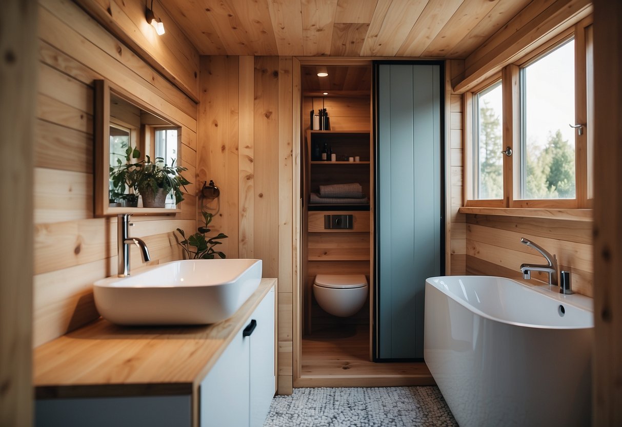 A small bathroom in a tiny house, with a compact sink, toilet, and shower stall. Minimalist design with space-saving features