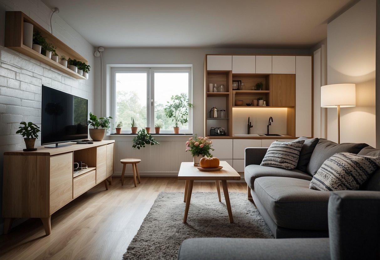 A cozy living room with a small kitchenette, leading to two bedrooms and a bathroom. Simple, functional furniture and efficient use of space