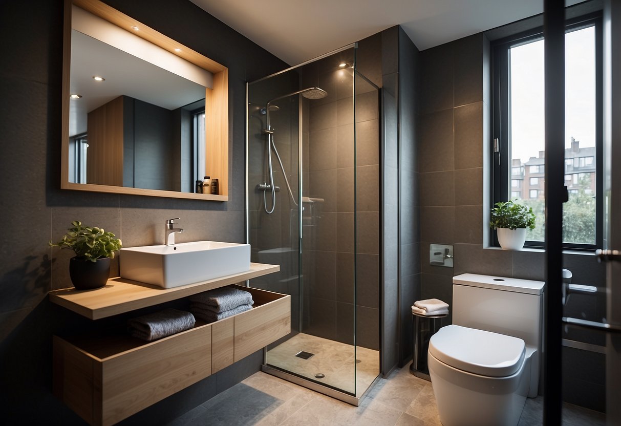 A cozy, compact bathroom with a modern sink and shower. Adjacent, a small bedroom with a double bed and built-in storage