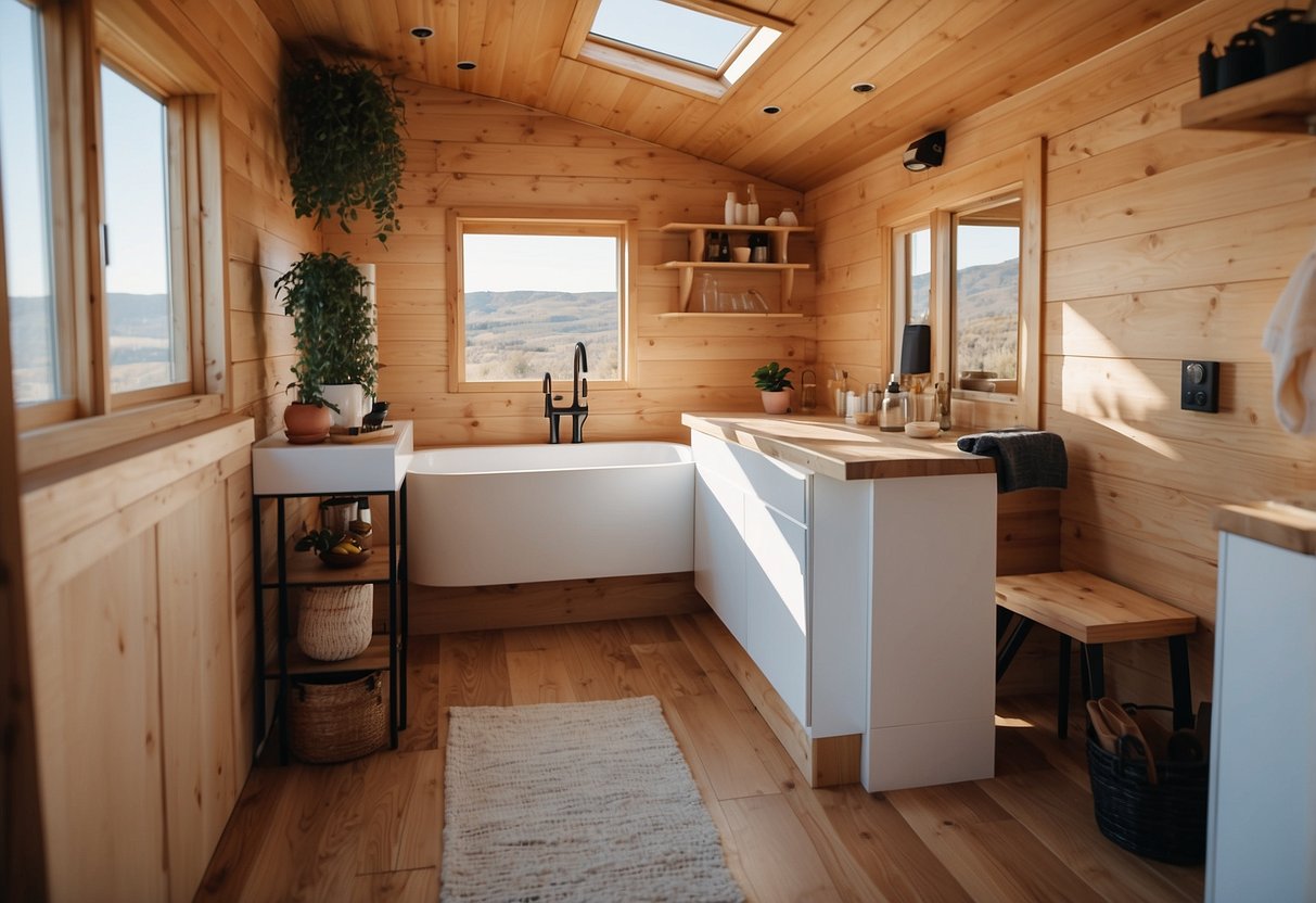 A modern tiny house bathroom with a bedroom. Clean lines, minimalistic design, and space-saving features. Two bedrooms with floor plans visible