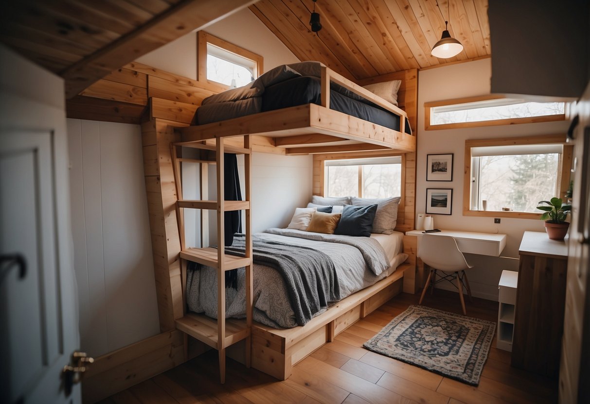 A cozy bedroom with attached bathroom in a tiny house. Compact floor plan with minimalistic design and functional layout