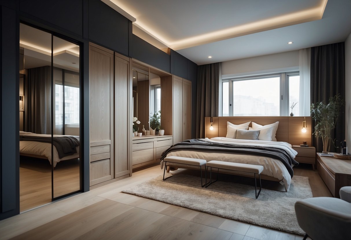 A cozy bedroom with attached bathrooms, featuring a simple and functional layout. Two bedrooms with space-saving designs and a small but efficient bathroom layout