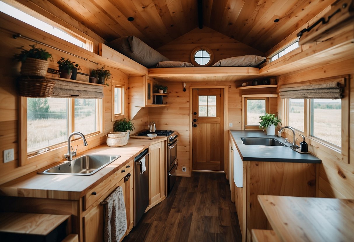 A cozy 2-bedroom tiny house with clever space-saving hacks, featuring a compact kitchen, a functional living area, and a well-designed bathroom