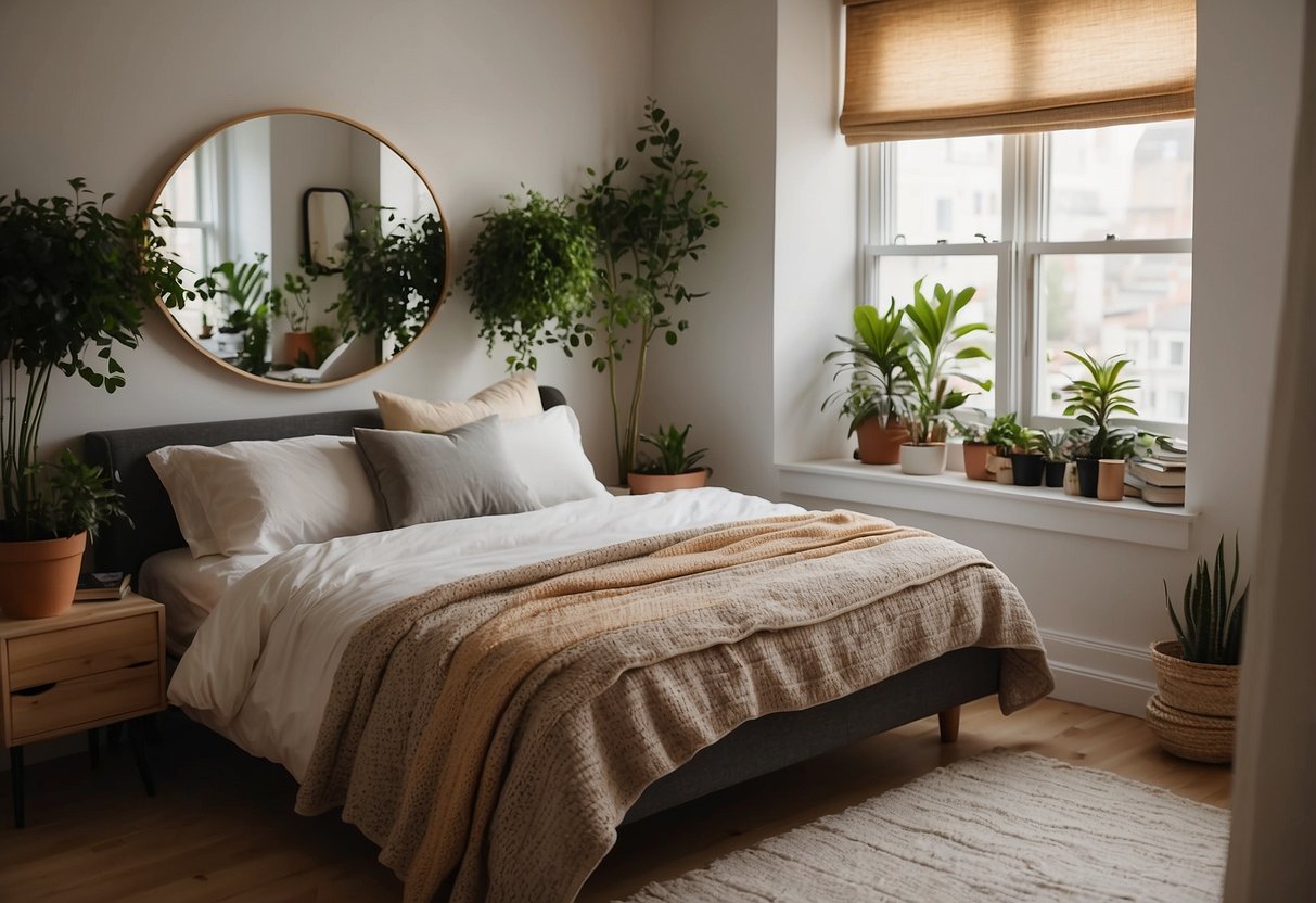 A small bedroom with a cozy bed, soft lighting, and vibrant accent colors. A wall-mounted shelf displays books and plants. A mirror reflects natural light from a nearby window