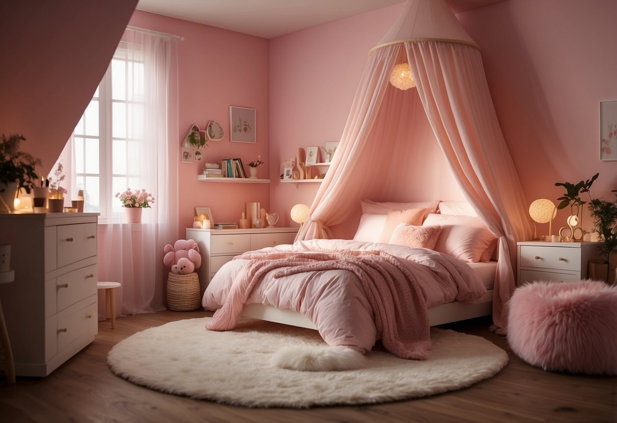 A pink room with fluffy pillows, fairy lights, and a cozy rug. A canopy bed with flowy curtains and a cute desk with colorful stationery