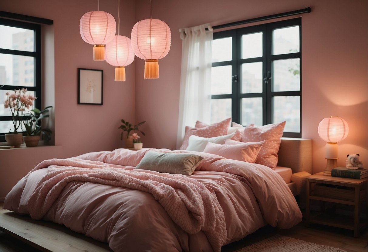 A cozy Korean-inspired bedroom with cute pink decor, including traditional lanterns, low seating, and soft bedding