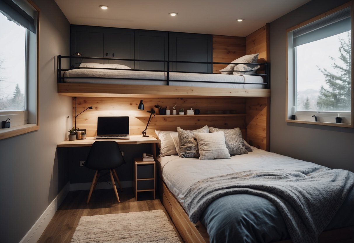 A cozy bedroom with a lofted bed, a small desk, and built-in storage. The bathroom features a compact sink, a space-saving shower, and clever storage solutions