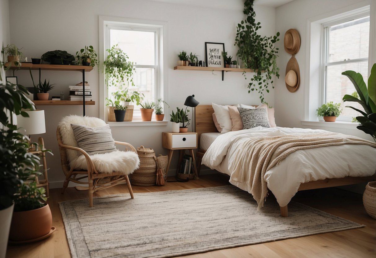 A small bedroom with a cozy bed, bright accent pillows, wall-mounted shelves with potted plants, and a stylish area rug