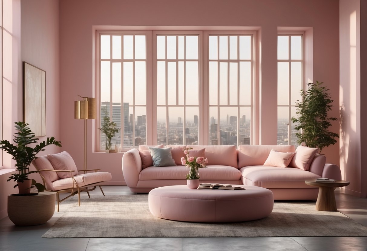 A modern pink room with minimalist furniture, soft pastel walls, and metallic accents. A large window lets in natural light, illuminating the room