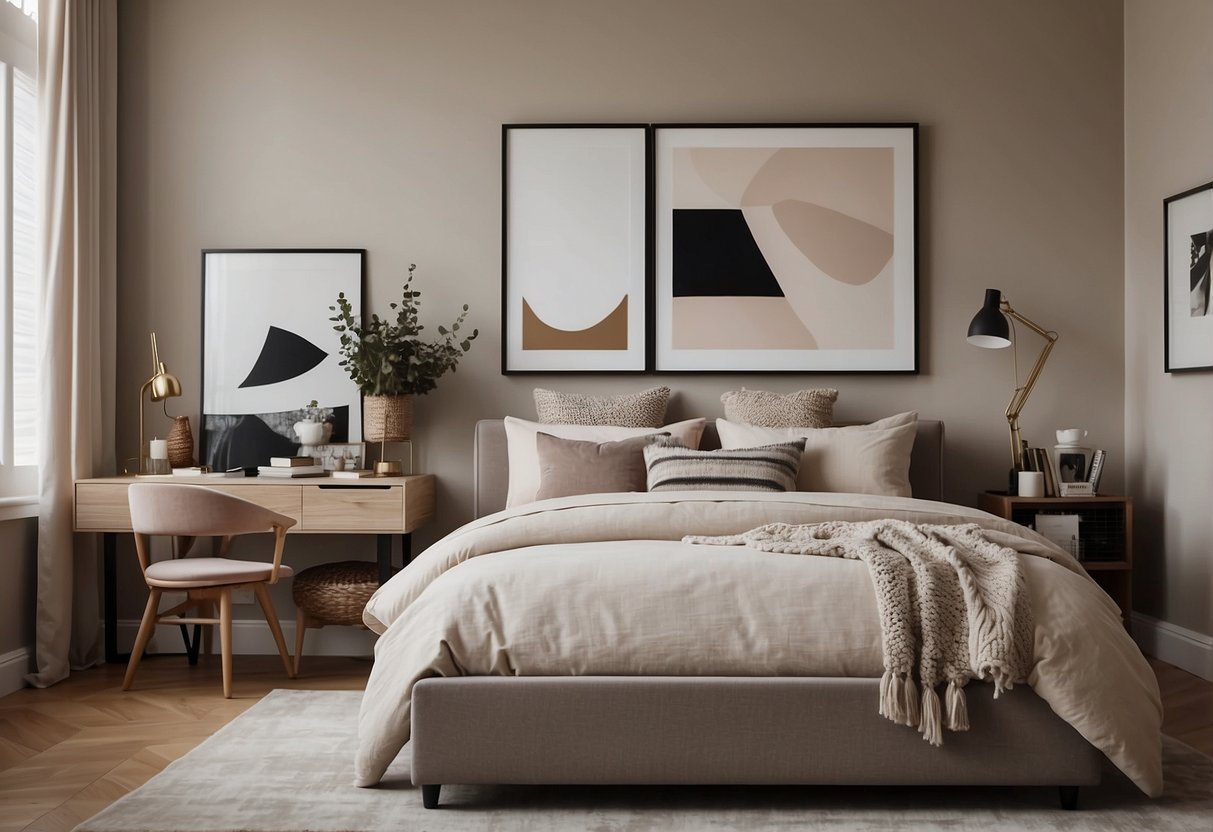 A cozy bedroom with a neutral color scheme, a plush rug, and a statement wall with a bold wallpaper or paint color. A small desk with a stylish chair and a gallery wall of artwork add personality to the space