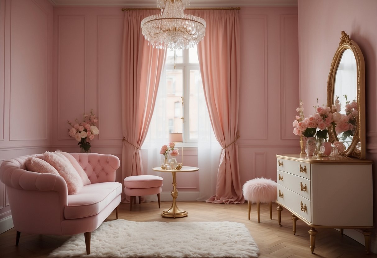 The pink room is adorned with fluffy pillows, pastel-colored curtains, and a delicate chandelier. A vintage vanity table with a mirror and a plush rug complete the aesthetic