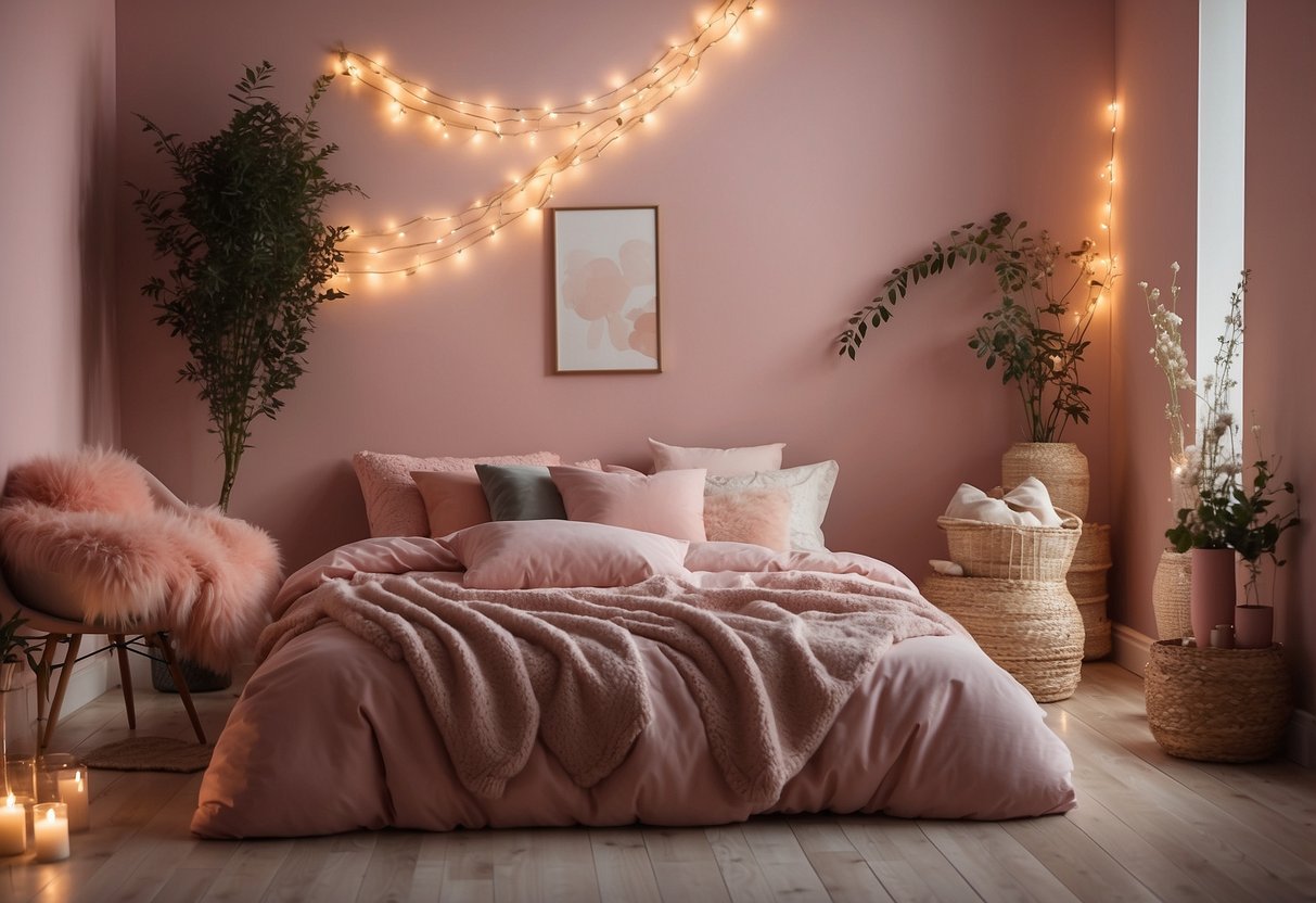 A pink room with a cozy bed, adorned with aesthetic décor ideas such as fairy lights, fluffy pillows, and dreamy wall art