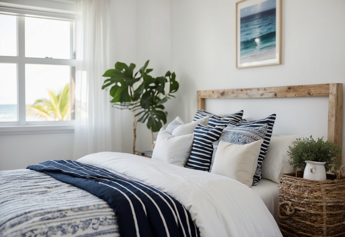 A cozy coastal bedroom with light blue walls, white furniture, and nautical decor. A large window overlooks the ocean, letting in natural light