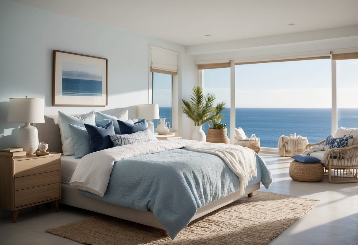 A modern coastal bedroom with light, airy decor, featuring a white and blue color scheme, natural textures, and ocean-inspired accents