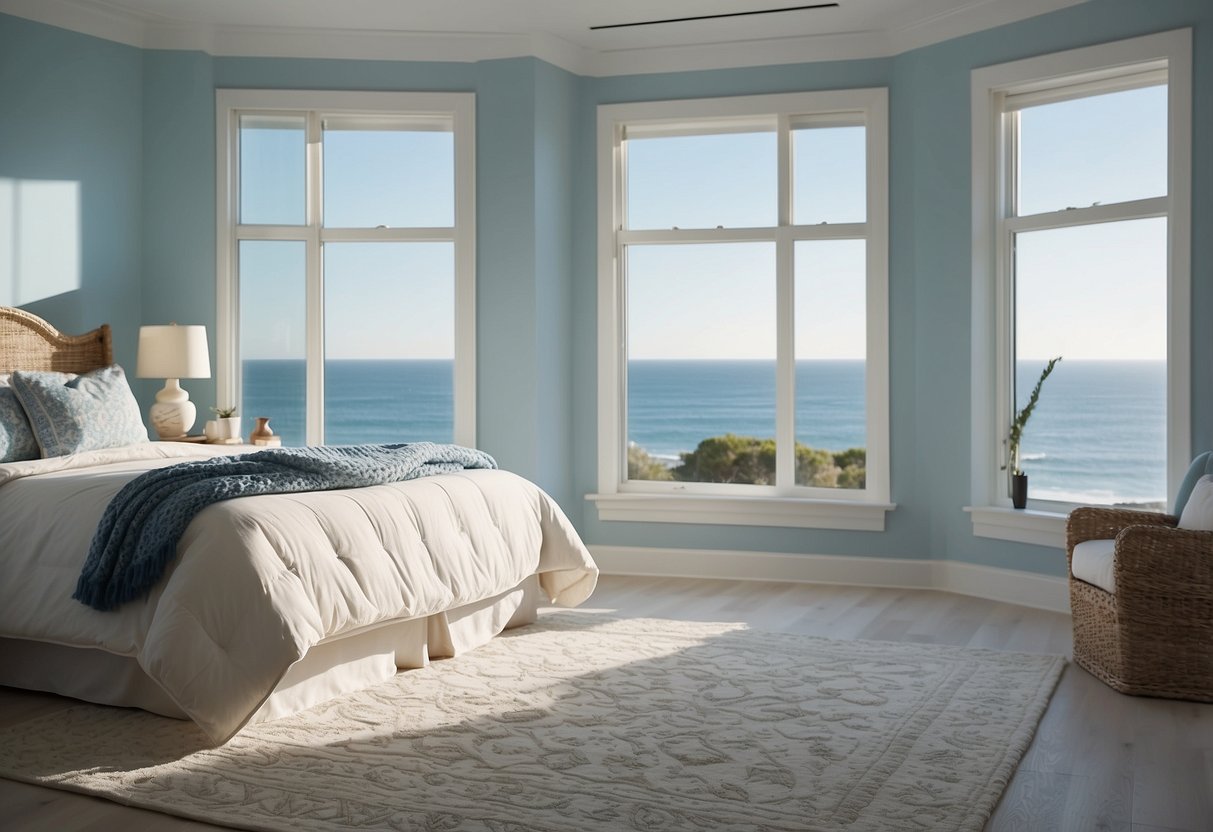 A coastal bedroom with light blue walls, white furniture, and seashell decor. A large window lets in natural light, and a soft, sandy-colored rug covers the floor