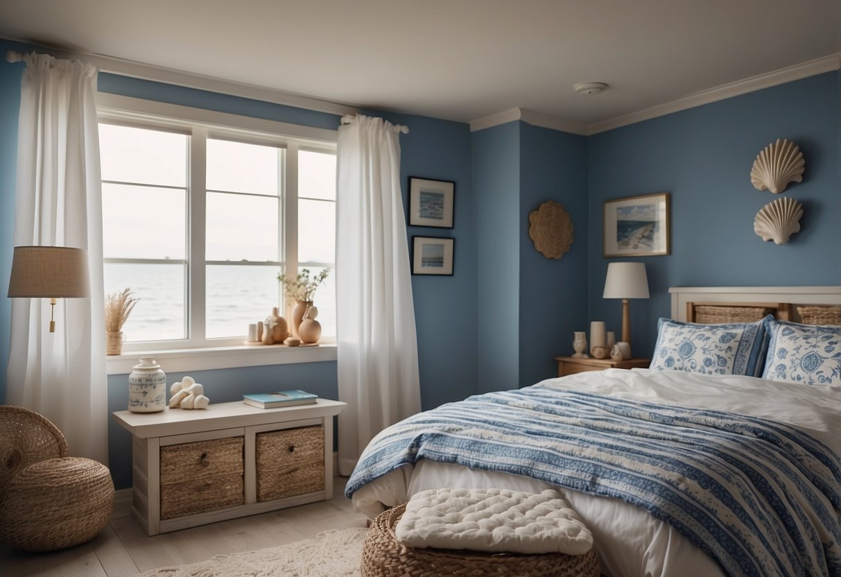 A cozy bedroom with a beach theme: sandy colored walls, seashell and driftwood decor, a blue and white striped comforter on the bed