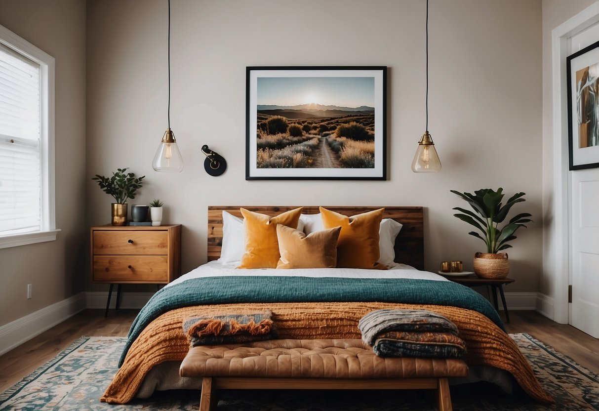 A small bedroom with budget-friendly decor: a cozy bed with colorful throw pillows, a DIY headboard made of reclaimed wood, a gallery wall of framed artwork, and a stylish area rug