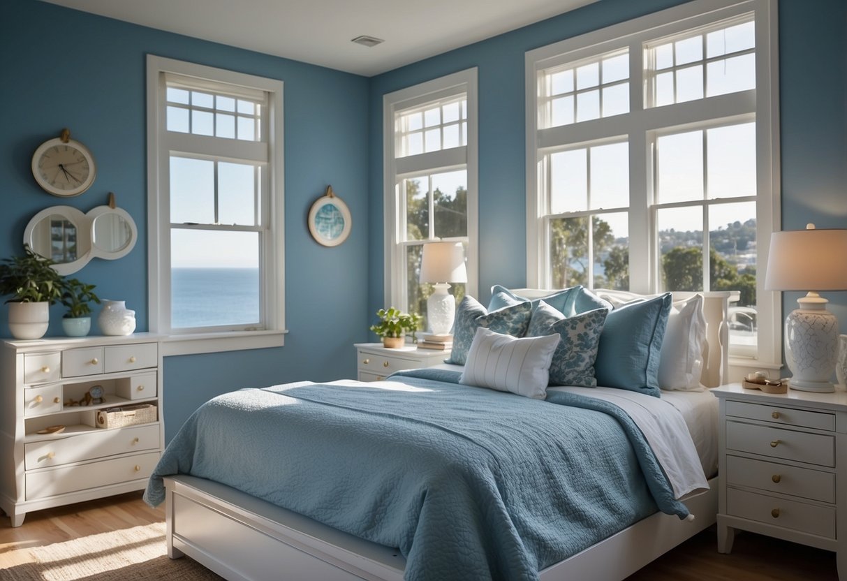 A bright, airy bedroom with coastal blue walls, white furniture, and nautical decor. Sunlight streams in through large windows, illuminating the room