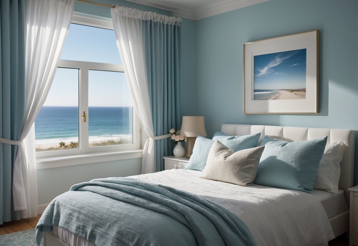 A cozy bedroom with light blue walls, white furniture, and beach-themed decor. A large window overlooks the ocean, with sheer curtains blowing in the breeze