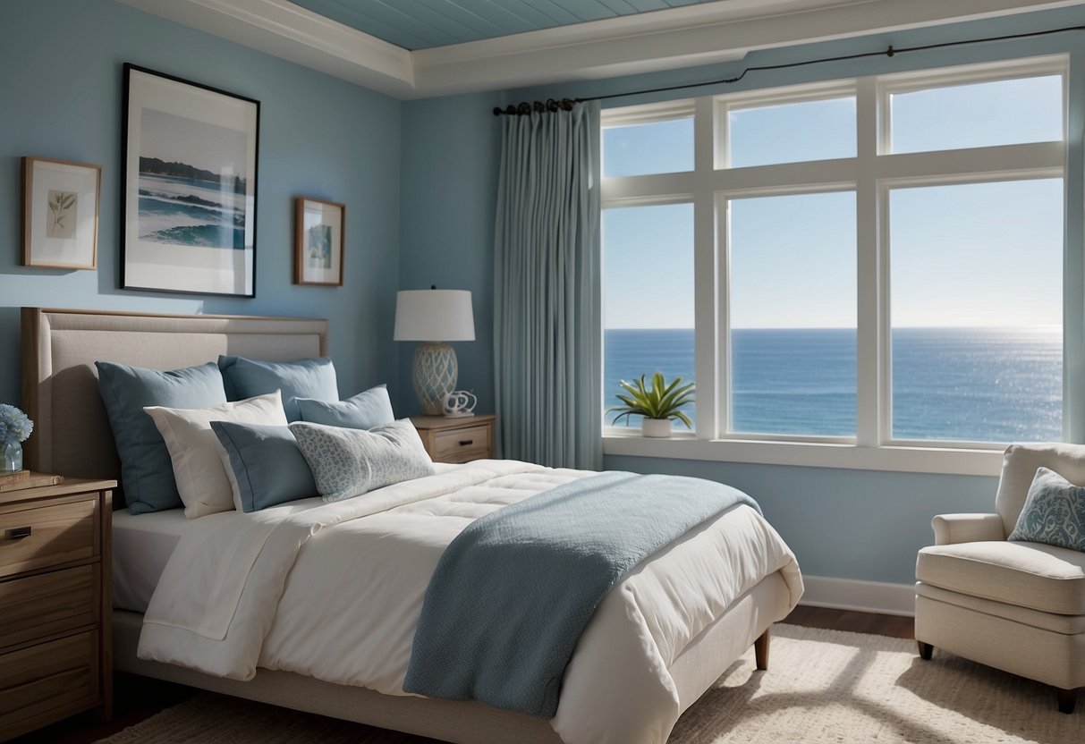 A cozy coastal bedroom with light blue walls, white furniture, and nautical decor. A large window overlooks the ocean, letting in natural light