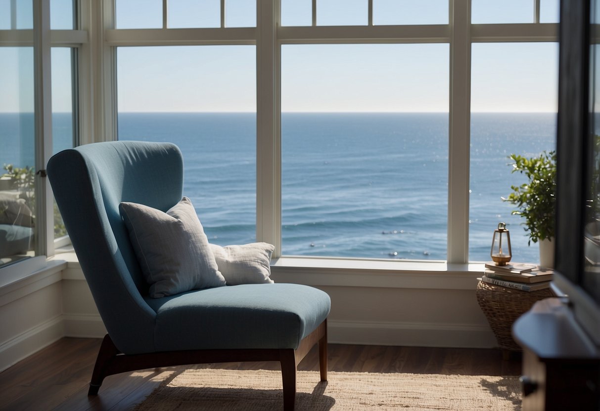 A king-sized bed with white linens and blue throw pillows sits in front of a large window overlooking the ocean. A cozy reading nook with a plush armchair and side table is nestled in the corner