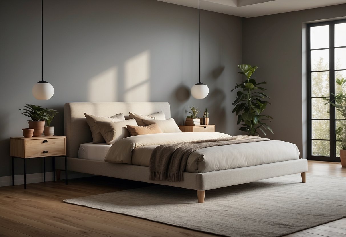 A serene bedroom with clean lines, neutral colors, and minimal furniture. Uncluttered surfaces and a simple, unadorned bed create a sense of calm and simplicity