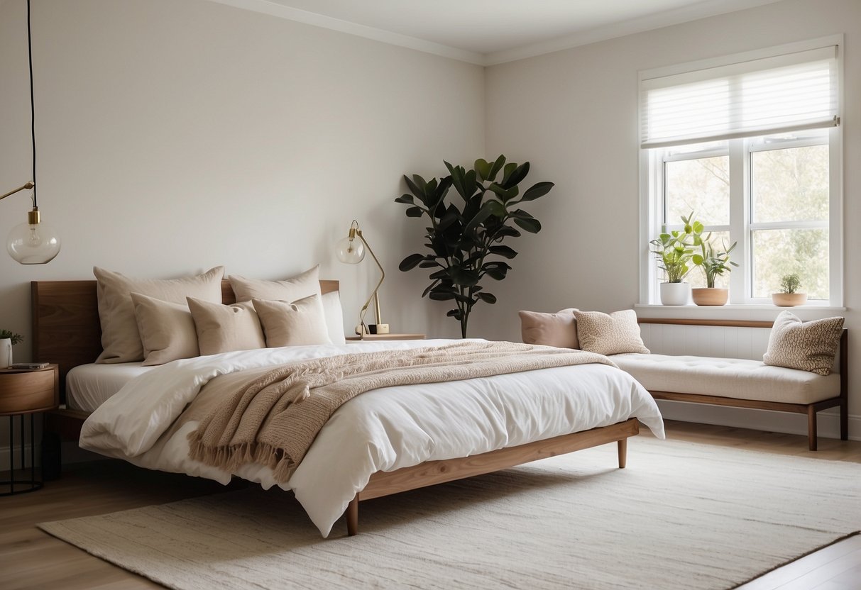 A bright, airy bedroom with clean lines and minimal furniture. Soft, neutral colors with pops of vibrant accents. No clutter, just a serene, inviting space