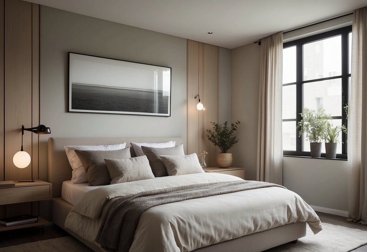 A serene bedroom with clean lines, uncluttered surfaces, and minimal decor. Neutral colors and natural light create a peaceful atmosphere