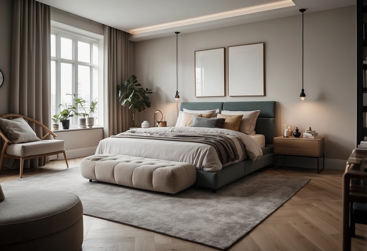 A bedroom with clean lines, neutral colors, and vintage accents. A clutter-free space with minimalistic design elements for a refreshing touch