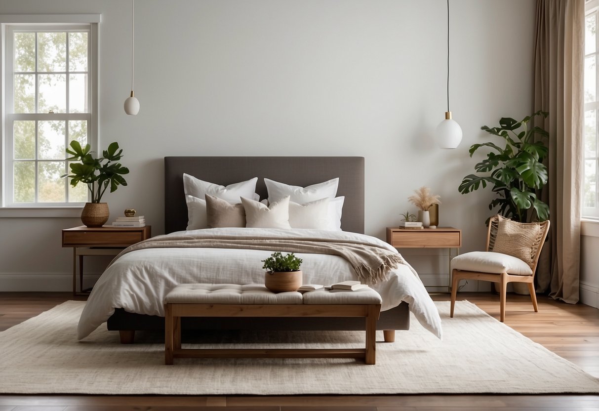 A serene bedroom with clean lines, neutral colors, and uncluttered surfaces. A simple platform bed with crisp white linens and a few carefully chosen decor pieces. A large window lets in natural light, creating a peaceful and inviting atmosphere